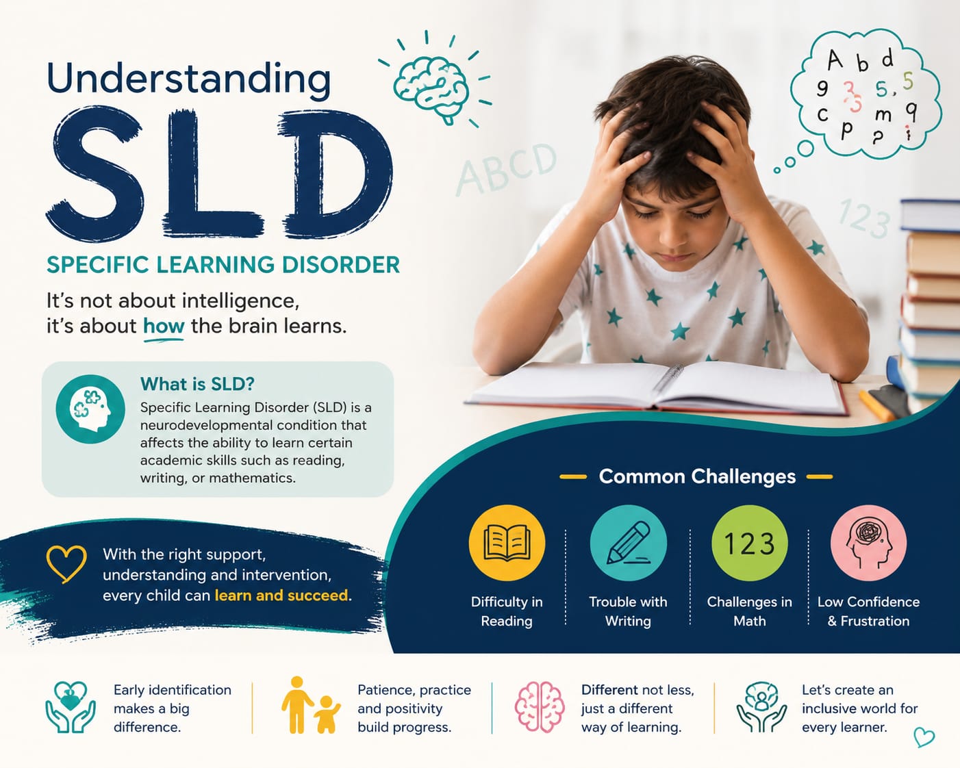 Understanding Specific Learning Disorder: common challenges with reading, writing, mathematics, confidence and frustration