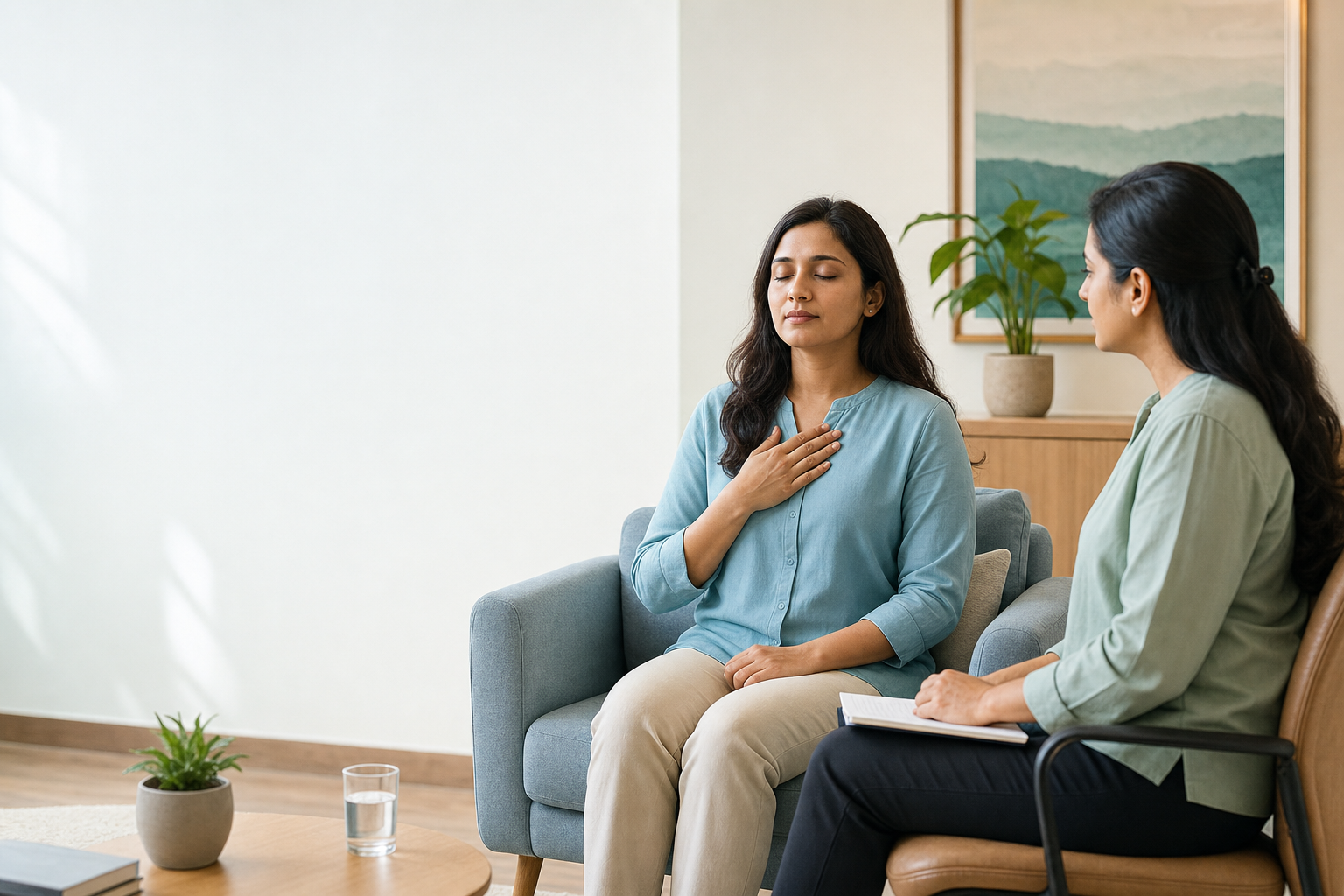 Clinical psychologist guiding a client through a somatic breathing and body-awareness exercise